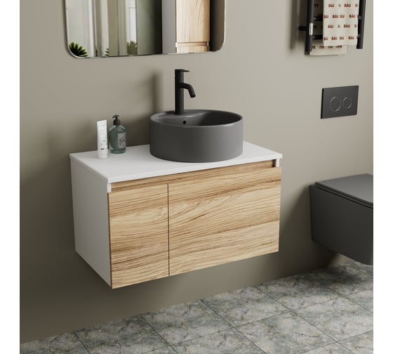 Комплект Bauedge тумба Bau Dream Blackwood 80, раковина круглая BAU Element D41, темно-серая, смеситель Hotel Dream Black, черный матовый BD2826