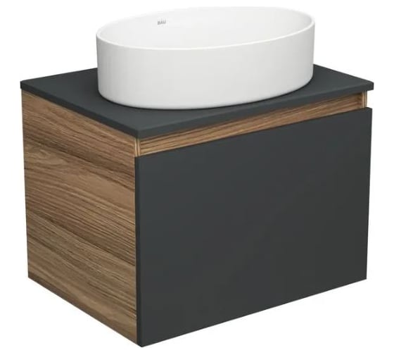 Тумба с раковиной Bauedge Bauedge (тумба подвесная Bau Dream Blackwood 60, графит + раковина санфаянс накладная овальная BAU Nimb Размер 50х36) BD1996 1