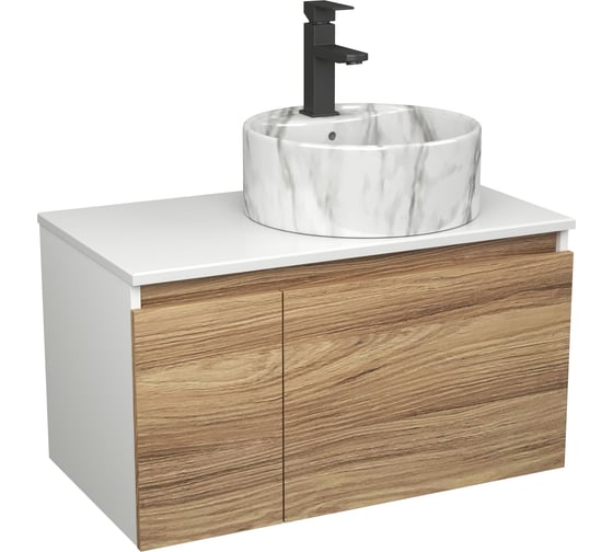 Комплект Bauedge тумба Bau Dream Blackwood 80, раковина круглая накладная BAU Element D41, мрамор, смеситель Hotel Black, черный матовый BD2971