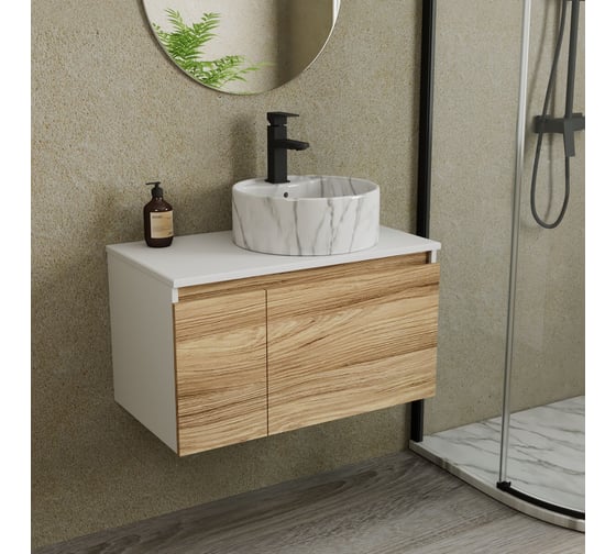 Комплект Bauedge тумба Bau Dream Blackwood 80, раковина круглая накладная BAU Element D41, мрамор, смеситель Hotel Black, черный матовый BD2971