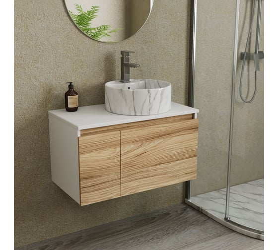Комплект Bauedge тумба Bau Dream Blackwood 80, раковина круглая накладная BAU Element D41, мрамор, смеситель Hotel Stil, нерж. сталь BD2970