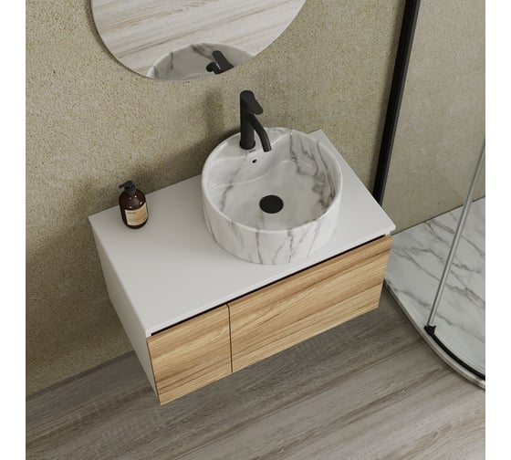 Комплект Bauedge тумба Bau Dream Blackwood 80, раковина круглая накладная BAU Element D41, мрамор, смеситель Hotel Dream, черный выпуск клик клак черный BD2982