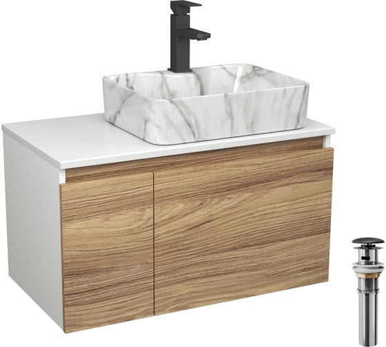 Комплект Bauedge тумба Bau Dream Blackwood 80, раковина прямоугольная BAU Cerama 48х37, мрамор, смеситель Hotel Black, черный матовый, выпуск клик клак черны BD3007
