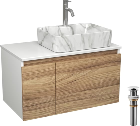Комплект Bauedge тумба Bau Dream Blackwood 80, раковина прямоугольная BAU Cerama 48х37, мрамор, смеситель Hotel Dream, нерж. сталь, выпуск клик клак белый BD3009 1