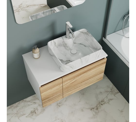 Комплект Bauedge тумба Bau Dream Blackwood 80, раковина прямоугольная BAU Cerama 48х37, мрамор, смеситель Hotel Dream, нерж. сталь, выпуск клик клак белый BD3009