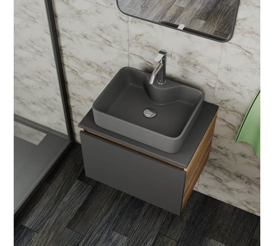 Комплект Bauedge тумба Bau Dream Blackwood графит 60, 1 ящик, раковина BAU Cerama 48х37, темно-серая, смеситель Hotel Dream, нерж. сталь, выпуск клик клак хро BD2874
