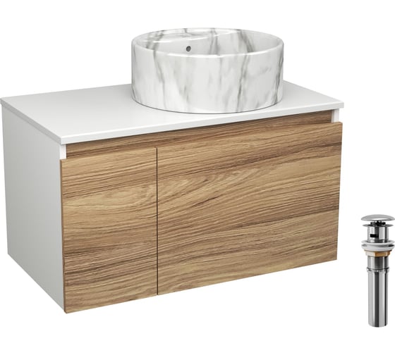 Комплект Bauedge тумба Bau Dream Blackwood 80, раковина круглая накладная BAU Element D41, мрамор, выпуск клик клак хром BD2976 1