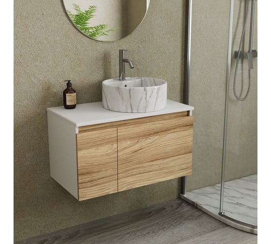 Комплект Bauedge тумба Bau Dream Blackwood 80, раковина круглая накладная BAU Element D41, мрамор, смеситель Hotel Dream, нерж. сталь BD2972
