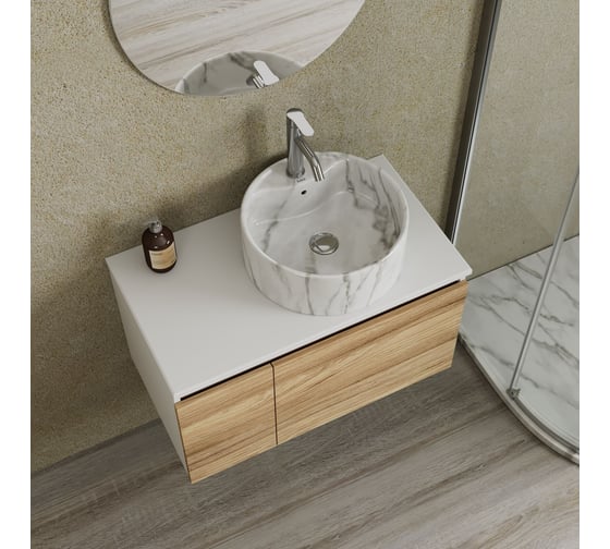 Комплект Bauedge тумба Bau Dream Blackwood 80, раковина круглая накладная BAU Element D41, мрамор, смеситель Hotel Dream, нерж. сталь, выпуск клик клак хром BD2980