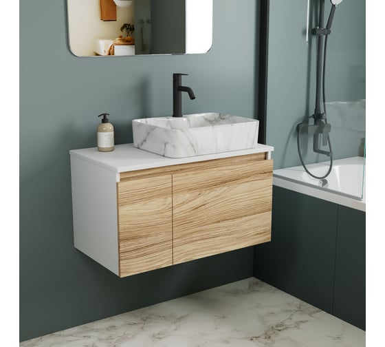 Комплект Bauedge тумба Bau Dream Blackwood 80, раковина прямоугольная BAU Cerama 48х37, мрамор, смеситель Hotel Dream Black, черный матовый BD3001