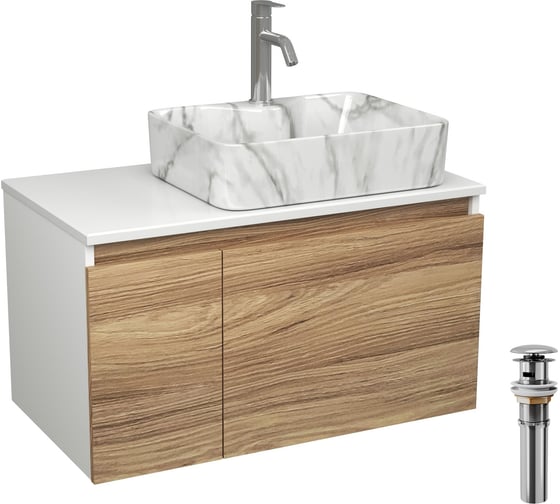 Комплект Bauedge тумба Bau Dream Blackwood 80, раковина прямоугольная BAU Cerama 48х37, мрамор, смеситель Hotel Dream, нерж. сталь, выпуск клик клак хром BD3008