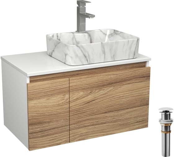 Комплект Bauedge тумба Bau Dream Blackwood 80, раковина прямоугольная BAU Cerama 48х37, мрамор, смеситель Hotel Stil, нерж. сталь, выпуск клик клак белый BD3006 1