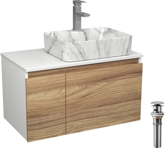 Комплект Bauedge тумба Bau Dream Blackwood 80, раковина прямоугольная BAU Cerama 48х37, мрамор, смеситель Hotel Stil, нерж. сталь, выпуск клик клак хром BD3005