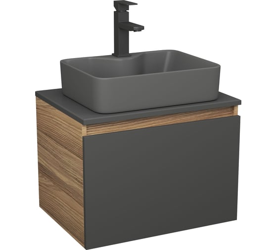 Комплект Bauedge тумба Bau Dream Blackwood графит 60, 1 ящик, раковина BAU Cerama 48х37, темно-серая, смеситель Hotel Black, черный матовый BD2865 1