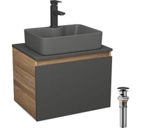 Комплект Bauedge тумба Bau Dream Blackwood графит 60, 1 ящик, раковина BAU Cerama 48х37, темно-серая, смеситель Hotel Black, черный матовый, выпуск клик клак BD2873