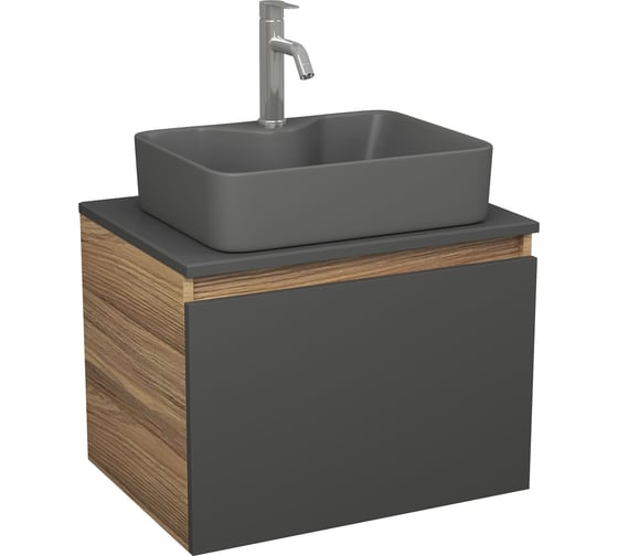 Комплект Bauedge тумба Bau Dream Blackwood графит 60, 1 ящик, раковина BAU Cerama 48х37, темно-серая, смеситель Hotel Dream, нерж. сталь BD2866