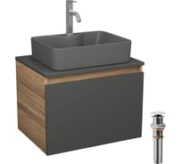 Комплект Bauedge тумба Bau Dream Blackwood графит 60, 1 ящик, раковина BAU Cerama 48х37, темно-серая, смеситель Hotel Dream, нерж. сталь, выпуск клик клак бел BD2875