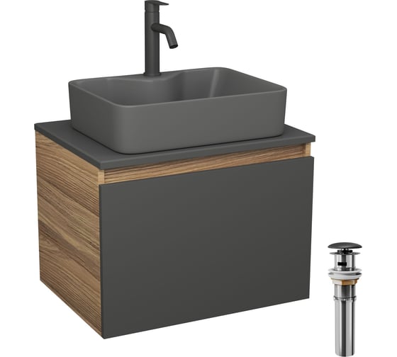 Комплект Bauedge тумба Bau Dream Blackwood графит 60, 1 ящик, раковина BAU Cerama 48х37, темно-серая, смеситель Hotel Dream, черный выпуск клик клак черный BD2876