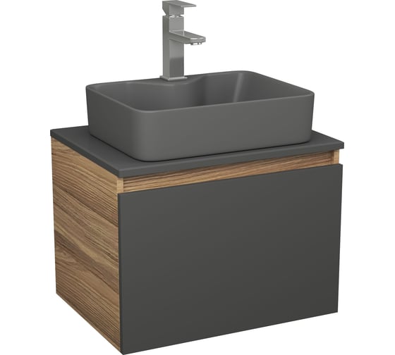 Комплект Bauedge тумба Bau Dream Blackwood графит 60, 1 ящик, раковина BAU Cerama 48х37, темно-серая, смеситель Hotel Stil, нерж. сталь BD2864 1
