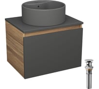 Комплект Bauedge тумба Bau Dream Blackwood графит 60, 1 ящик, раковина круглая BAU Element D41, темно-серая, выпуск клик клак хром BD2856