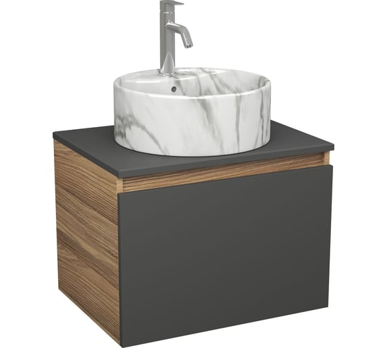 Комплект Bauedge тумба Bau Dream Blackwood графит 60, 1 ящик, раковина круглая накладная BAU Element D41, мрамор, смеситель Hotel Dream, нерж. сталь BD3054 1