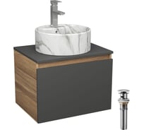 Комплект Bauedge тумба Bau Dream Blackwood графит 60, 1 ящик, раковина круглая накладная BAU Element D41, мрамор, смеситель Hotel Stil, нерж. сталь, выпуск BD3059