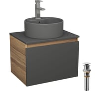 Комплект Bauedge тумба Bau Dream Blackwood графит 60, 1 ящик, раковина круглая BAU Element D41, темно-серая, смеситель Hotel Stil, нерж. сталь, выпуск клик кл BD2858