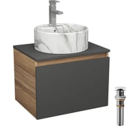 Комплект Bauedge тумба Bau Dream Blackwood графит 60, 1 ящик, раковина круглая накладная BAU Element D41, мрамор, смеситель Hotel Stil, нерж. сталь, выпуск кл BD3060