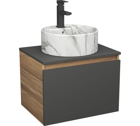 Комплект Bauedge тумба Bau Dream Blackwood графит 60, 1 ящик, раковина круглая накладная BAU Element D41, мрамор, смеситель Hotel Black, черный матовый BD3053