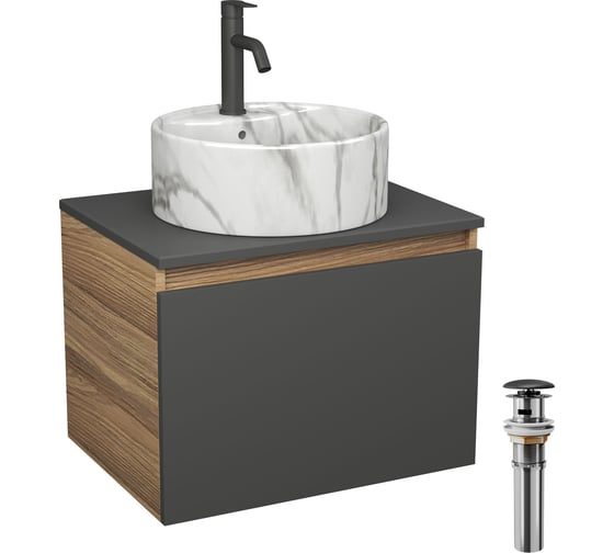 Комплект Bauedge тумба Bau Dream Blackwood графит 60, 1 ящик, раковина круглая накладная BAU Element D41, мрамор, смеситель Hotel Dream, черный выпуск клик к BD3064 1