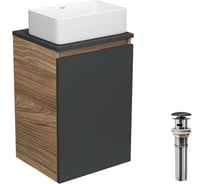 Тумба с раковиной и выпуском Bauedge (тумба Bau Dream 40, графит + раковина санфаянс накладная прямоугольная BAU Hotel mini 37x23, выпуск клик-клак, черный) BD1930