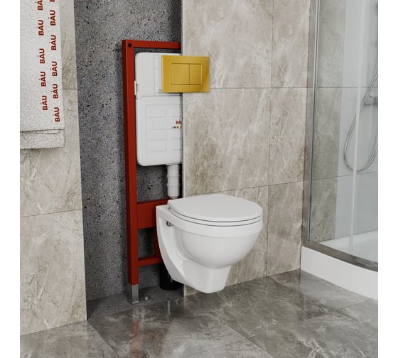 Комплект BAU 6 в 1 Bauedge: усиленная инсталляция BAU IDEAL, унитаз подвесной Creo Ceramique PROJECT 355х490х375 с быстросъемным сиденьем микролифт, клавиша BAU Light антивандальная, нерж. сталь золото E458103-PR1100N-E00108