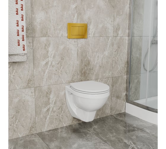 Комплект BAU 6 в 1 Bauedge: усиленная инсталляция BAU IDEAL, унитаз подвесной Creo Ceramique PROJECT 355х490х375 с быстросъемным сиденьем микролифт, клавиша BAU Light антивандальная, нерж. сталь золото E458103-PR1100N-E00108