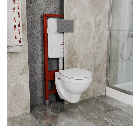 Комплект BAU 6 в 1 Bauedge: усиленная инсталляция BAU IDEAL, унитаз подвесной Creo Ceramique PROJECT 355х490х375 с быстросъемным сиденьем микролифт, клавиша BAU Round Gun gray, серый металлик E458103-PR1100N-E00114