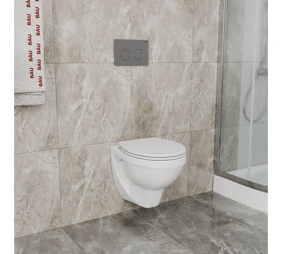Комплект BAU 6 в 1 Bauedge: усиленная инсталляция BAU IDEAL, унитаз подвесной Creo Ceramique PROJECT 355х490х375 с быстросъемным сиденьем микролифт, клавиша BAU Round Gun gray, серый металлик E458103-PR1100N-E00114