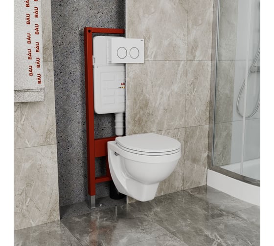 Комплект BAU 6 в 1 Bauedge: усиленная инсталляция BAU IDEAL, унитаз подвесной Creo Ceramique PROJECT 355х490х375 с быстросъемным сиденьем микролифт, клавиша BAU Round, белый/хром E458103-PR1100N-E00116