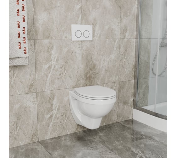 Комплект BAU 6 в 1 Bauedge: усиленная инсталляция BAU IDEAL, унитаз подвесной Creo Ceramique PROJECT 355х490х375 с быстросъемным сиденьем микролифт, клавиша BAU Round, белый/хром E458103-PR1100N-E00116
