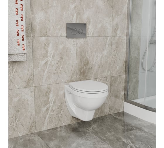 Комплект BAU 6 в 1 Bauedge: усиленная инсталляция BAU IDEAL, унитаз подвесной Creo Ceramique PROJECT 355х490х375 с быстросъемным сиденьем микролифт, клавиша BAU Wheel антивандальная, нерж. сталь хром E458103-PR1100N-E00117