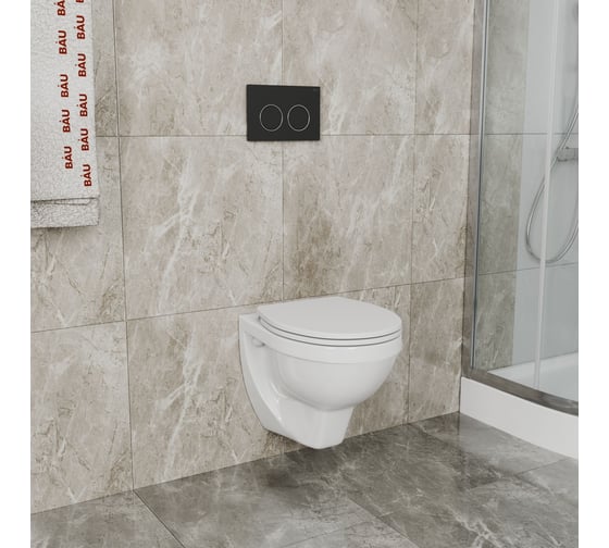 Комплект BAU 6 в 1 Bauedge: усиленная инсталляция BAU IDEAL, унитаз подвесной Creo Ceramique PROJECT 355х490х375 с быстросъемным сиденьем микролифт, клавиша BAU Round черная матовая E458103-PR1100N-E00115