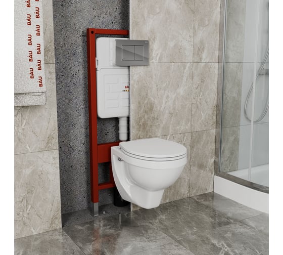 Комплект BAU 6 в 1 Bauedge: усиленная инсталляция BAU IDEAL, унитаз подвесной Creo Ceramique PROJECT 355х490х375 с быстросъемным сиденьем микролифт, клавиша BAU Light антивандальная, нерж. сталь брашированная E458103-PR1100N-E00107