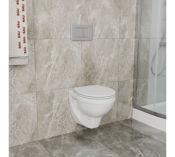 Комплект BAU 6 в 1 Bauedge: усиленная инсталляция BAU IDEAL, унитаз подвесной Creo Ceramique PROJECT 355х490х375 с быстросъемным сиденьем микролифт, клавиша BAU Light антивандальная, нерж. сталь брашированная E458103-PR1100N-E00107