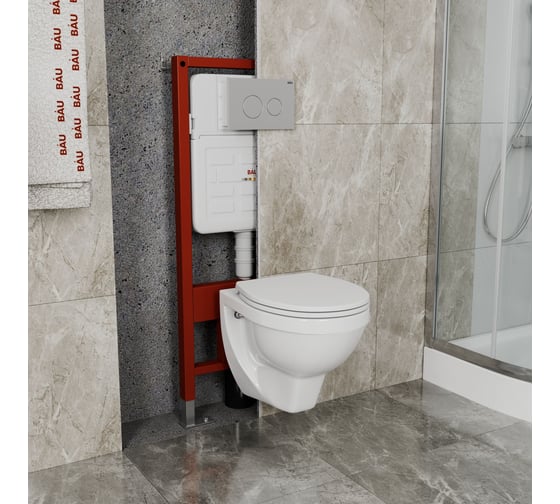 Комплект BAU 6 в 1 Bauedge: усиленная инсталляция BAU IDEAL, унитаз подвесной Creo Ceramique PROJECT 355х490х375 с быстросъемным сиденьем микролифт, клавиша BAU Wheel антивандальная, нерж. сталь брашированная E458103-PR1100N-E00118