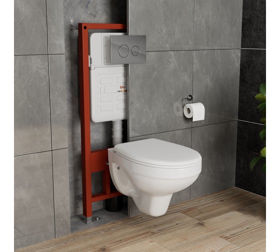 Комплект BAU 6 в 1 Bauedge: усиленная инсталляция BAU IDEAL, унитаз подвесной Rio Luxe 52х35, сиденье микролифт, клавиша BAU Wheel антивандальная, нерж. сталь E458103-30745-E00117