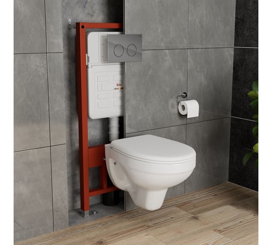 Комплект BAU 6 в 1 Bauedge: усиленная инсталляция BAU IDEAL, унитаз подвесной Rio Luxe 52х35, сиденье микролифт, клавиша BAU Round хром E458103-30745-E00113