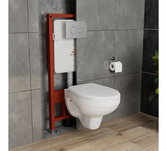 Комплект BAU 6 в 1 Bauedge: усиленная инсталляция BAU IDEAL, унитаз подвесной Rio Luxe 52х35, сиденье микролифт, клавиша BAU Wheel антивандальная, нерж. сталь E458103-30745-E00118