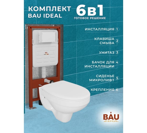 Комплект BAU 6 в 1 Bauedge: усиленная инсталляция BAU IDEAL, унитаз подвесной Rio Luxe 52х35, сиденье микролифт, клавиша BAU Round черная матовая E458103-30745-E00115
