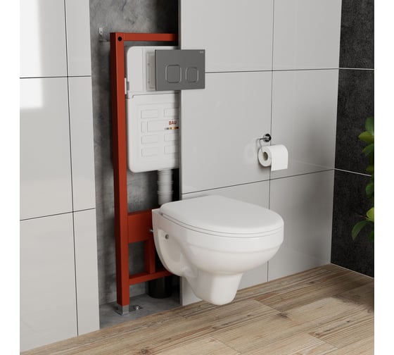 Комплект BAU 6 в 1 Bauedge: усиленная инсталляция BAU IDEAL, унитаз подвесной Rio Luxe 52х35, сиденье микролифт, клавиша BAU Strike Gun Grey темно-серый металлик E458103-E00121-30745