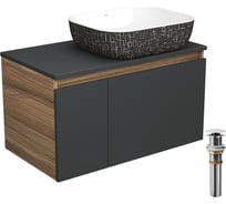 Тумба с раковиной и выпуском Bauedge (тумба Bau Dream 80, графит + раковина санфаянс накладная BAU Stil Black White 50х40, выпуск клик-клак, белый) BD2237