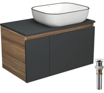 Тумба с раковиной и выпуском Bauedge (тумба Bau Dream 80, графит + раковина санфаянс накладная BAU Stil Black Rand 50х40, выпуск клик-клак, белый) BD2227