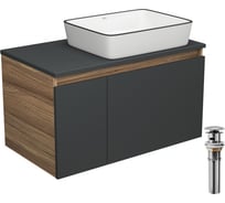 Тумба с раковиной и выпуском Bauedge (тумба Bau Dream 80, графит + раковина санфаянс накладная BAU Hotel Black Rand 48х37, выпуск клик-клак, хром) BD2219